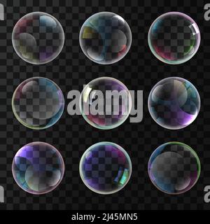 Colorful soap bubbles on checkered background. Rainbow reflection, circle, fun, leisure. Decoration concept. Can be used for greeting cards, posters, Stock Vector