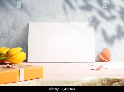 Mother's Day elegant postcard mockup with envelope, flowers and a gift on a textured wall. Modern greeting card background for celebrate love in 3D il Stock Photo