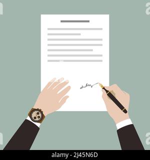Man signs contract document using pen , vector illustration Stock Vector
