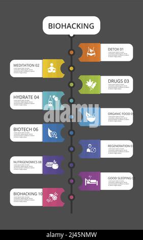 Infographic Biohacking template. Icons in different colors. Include Detox, Meditation, Drugs, Hydrate and others. Stock Vector