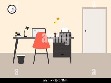 desk with computer and other things flat design, vector illustration Stock Vector