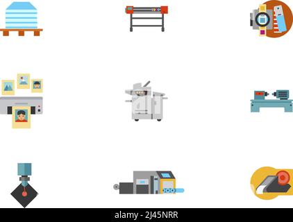 Printshop Icon Set. Printing Stack Printing Machine Tools Photo Printing Multifunctioning Printer Lathe Machine Laser Cutting Large Printer Stock Vector