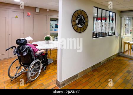 Nursing home in Saint-Crespin (northern France): elderly person in a wheelchair Stock Photo