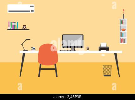 desk with computer and other things, vector illustration Stock Vector