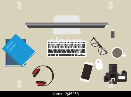 desk with computer and other things, vector illustration Stock Vector
