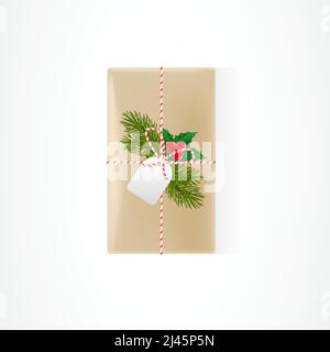 Illustration of present package decorated with fir sprig and mistletoe spur. Celebrating, gift, decoration. Holiday concept. Can be used for topics li Stock Vector