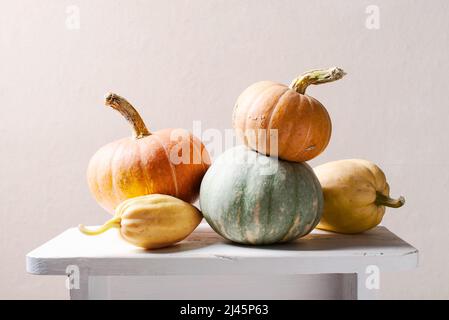 Various pumpkins on the white wooden table, festive autumn natural composition Stock Photo
