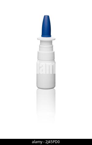 Nasal spray plastic bottle with blue cap and reflection isolated on white background. Pharmaceutical packaging mockup Stock Photo
