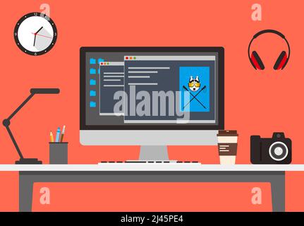 Desk with computer and other things, vector illustration Stock Vector