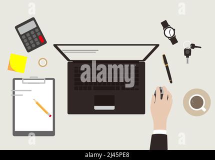 desk with computer and other things, vector illustration Stock Vector