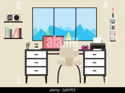 Desk with computer and other things, vector illustration Stock Vector
