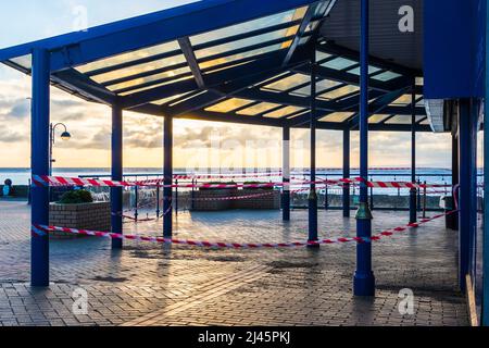 Seaside Marco's café at Barry Island, a famous Gavin & Stacey location, is closed during the Covid-19 crises on a beautiful sunny morning. Stock Photo