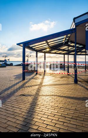 Seaside Marco's café at Barry Island, a famous Gavin & Stacey location, is closed during the Covid-19 crises on a beautiful sunny morning. Stock Photo