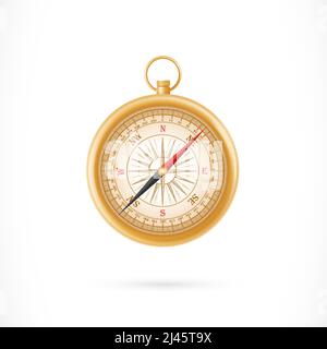 Illustration of compass in golden case. Destination, cardinal point, tool. Travelling concept. Can be used for topics like geography, navigation, retr Stock Vector