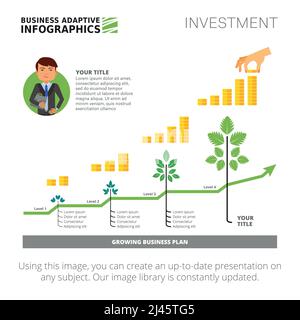 Strategy infographics with four steps. Line chart, process diagram, layout. Creative concept for infographics, presentation, project. Can be used for Stock Vector