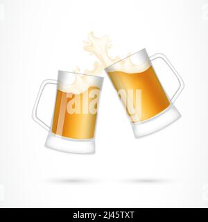 Pair of beer glasses making a toast. Party, pub, drinking. Festive concept. Can be used for topics like festival, entertainment, alcoholic beverages. Stock Vector
