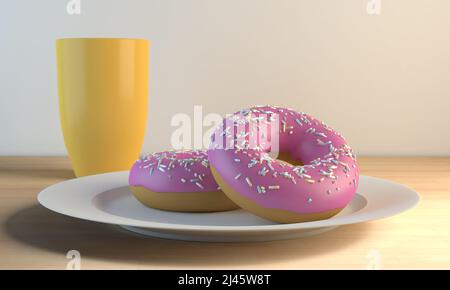 3d rendering two pink chocolate covered donuts on a plate and cup on a wooden table. Stock Photo