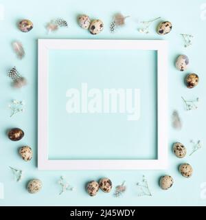 White square frame and of quail eggs, feathers, white gypsophila flowers around it on light blue background. Easter greeting card. Easter decorations. Stock Photo