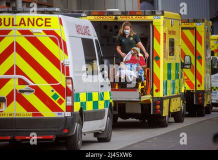 London, UK. 12th Apr, 2022. A steady stream of patients arrive at the Royal London Hospital in Whitechapel. With high Covid numbers, 1 in 13 people with the virus, the NHS is under severe pressure over the Easter period. The NHS is also suffering from staff shortages. Credit: Karl Black/Alamy Live News Stock Photo