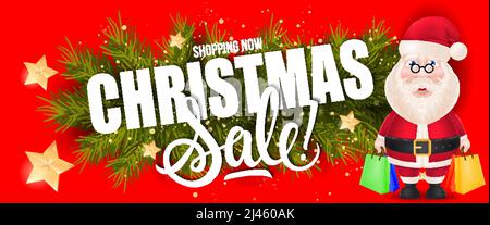 Christmas sale, shopping now lettering with fir sprigs and cartoon Santa Claus with gift bags. Inscription can be used for leaflets, festive design, p Stock Vector