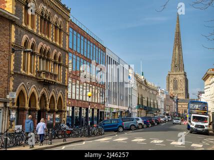 Hereford,Herefordshire,England-April 22nd 2022: View along Broad Street,outside the entrance to Hereford Cathedral,with All Saints Church in the dista Stock Photo