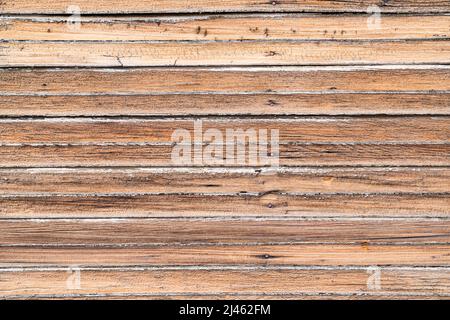 Old brown exterior weather pine wood horizontal plank siding background Stock Photo