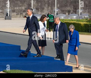 Brussels, Belgium. 11th July, 2018. NATO Secretary General Jens Stoltenberg, US President Donald Trump and British Prime Minister Teresa May seen during the NATO military alliance summit in Brussels. (Credit Image: © Mykhaylo Palinchak/SOPA Images via ZUMA Press Wire) Stock Photo
