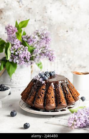 Chocolate cake decorated with chocolate icing, blueberries and lilac flowers on top on white textured background, spring composition with lilacs Stock Photo