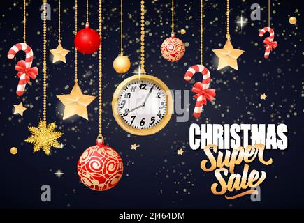 Christmas super sale lettering with hanging baubles, stars, watch and candy canes on black background. Calligraphic inscription can be used for leafle Stock Vector