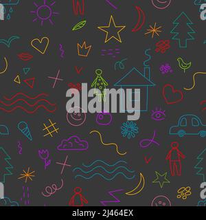 Childish doodle elements with people, car, house. Hand drawn line seamless pattern. Scetch of nature, characters. Vector illustration, funny backgroun Stock Vector
