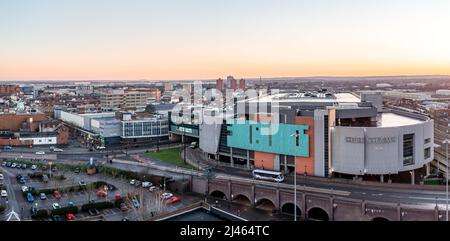 An aerial panorama view of the Frenchgate shopping centre and mall in the city centre of Doncaster at sunset Stock Photo