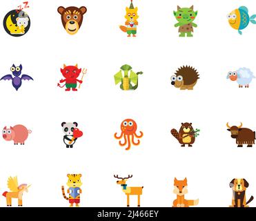 Characters in fairy tales icon set. Can be used for topics like myth, cartoon, childhood, wild world, animals Stock Vector