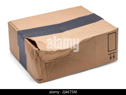Crushed Cardboard Box Cut Out on White. Stock Photo