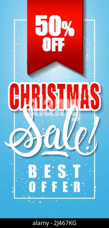 Christmas sale best offer lettering in frame with ribbon on blue background. Inscription can be used for leaflets, festive design, posters, banners. Stock Vector