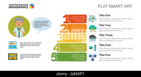 Five steps process chart slide template. Business data. Stage, diagram, design. Creative concept for infographic, project. Can be used for topics like Stock Vector