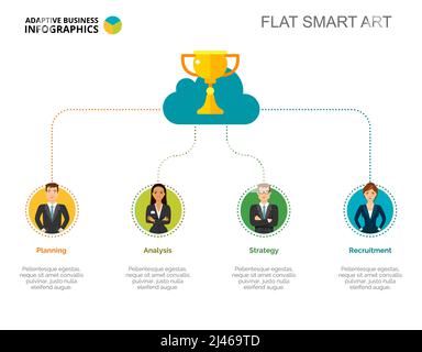 Four businesspeople process chart slide template. Business data. Stuff, employee, design. Creative concept for infographic, project. Can be used for t Stock Vector