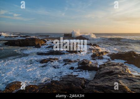 Foz during a storm on the ocean at sunset in Atlantic ocean, Porto, Portugal. Stock Photo