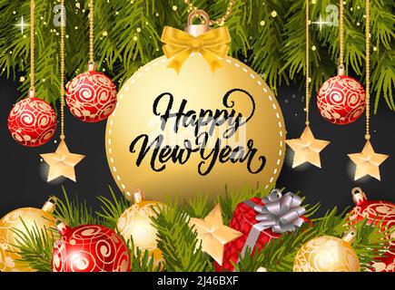Happy New Year lettering on bauble-shaped tag with fir sprigs, baubles and present box on black background. Calligraphic inscription can be used for g Stock Vector