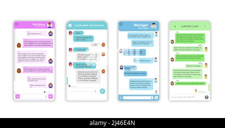 Messenger app interface, support chat window. Chatbot, company bot conversation with user or client in social network dialog window or cellphone app. Customer support or helpdesk questions answering Stock Vector