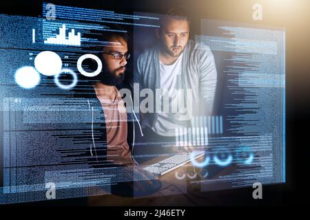 Two of the very best. Cropped shot of young computer programmers working on source code. Stock Photo