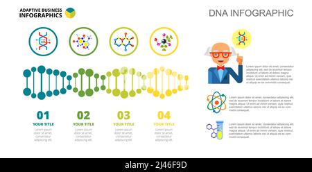 Four DNA options process chart slide template. Business data. Investigation, diagram, design. Creative concept for infographic, project. Can be used f Stock Vector