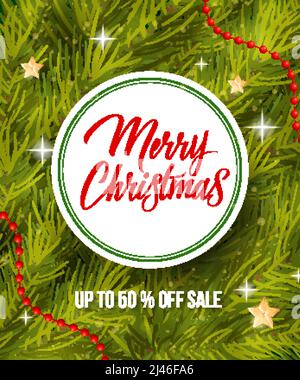 Merry Christmas and up to fifty percent sale lettering in round frame and fir sprigs, stars and sparkles on background. Inscription can be used for le Stock Vector