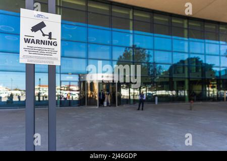 GIBRALTAR, UK - APRIL 7, 2022 - CCTV sign at Gibraltar International Airport Stock Photo