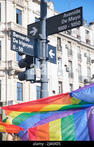 Buenos Aires, Argentina; Nov 6, 2021: LGBT Pride Parade. Symbolic rainbow flags on a downtown street.
