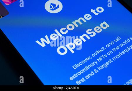 OpenSea mobile application on smartphone screen. Afyonkarahisar, Turkey - April 5, 2022. Stock Photo