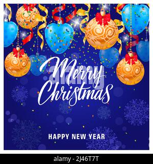 Merry Christmas and happy New Year lettering. Inscription with hanging Christmas balls, hearts and streamer. Handwritten inscription can be used for p Stock Vector
