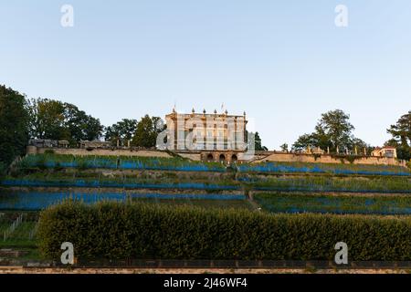 Lingner Palace and the vineyard. Classical architecture in the Elbe valley during summer. The beautiful old building is a famous travel destination. Stock Photo