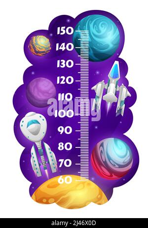 Kids height chart ruler with cartoon space planets, starship and star craft. Child height centimeters scale, preschool children growth meter sticker with galaxy planets and rockets in outer pace Stock Vector