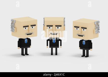 3D illustration of businessman in a black suit and blue tie cube block. 3D rendering voxels isolated in white background. Standing at different angles. Stock Photo