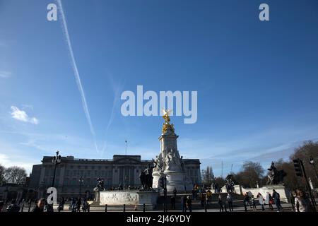 People gather outside Buckingham Palace in central London ahead of Accession Day. Stock Photo
